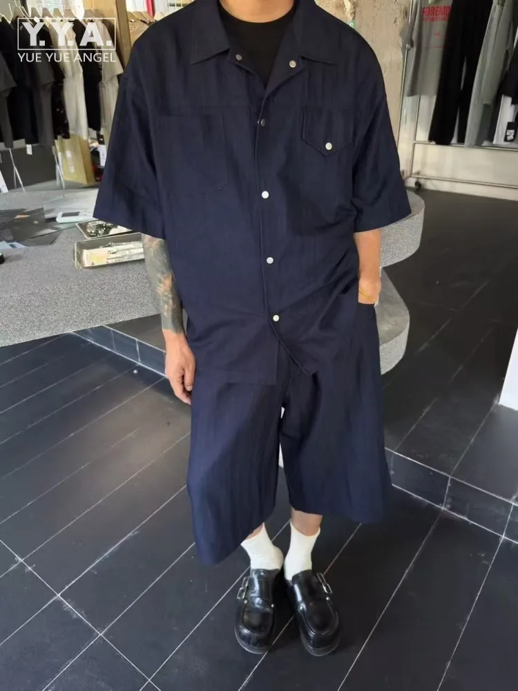 Mens Summer Fashion Thin Denim Shirt Sets Half Sleeve Turndown Collar Casual Tops Matching Set Loose Fit Mid-Calf Shorts Outfits