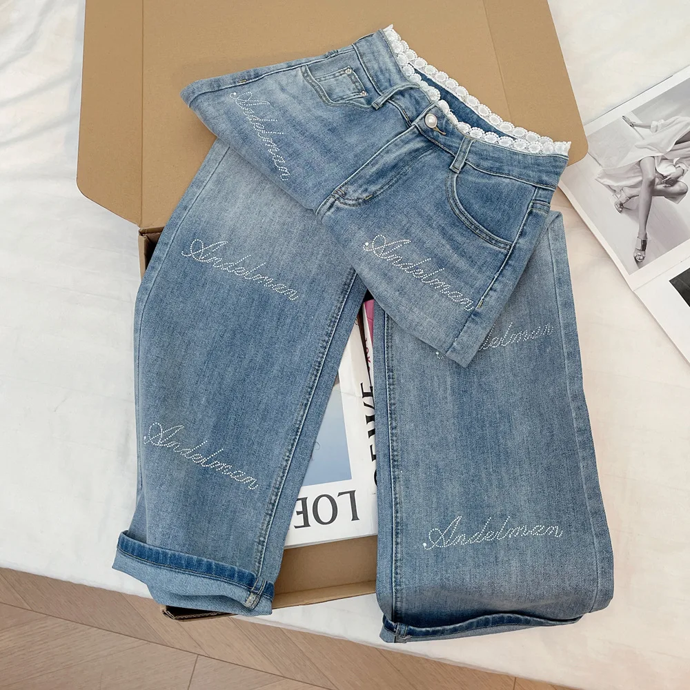 

Rhinestone & Lace Spliced Jeans American Style Hot Girl High Waist Straight Loose Floor-Length Pants Fashion Denim Trousers