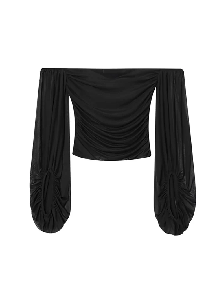 TFMLN Top con scollo a barchetta per donna Manica a sbuffo trasparente sottile sexy Elegante camicetta a maniche lunghe con spalle scoperte Abiti da festa chic femminili