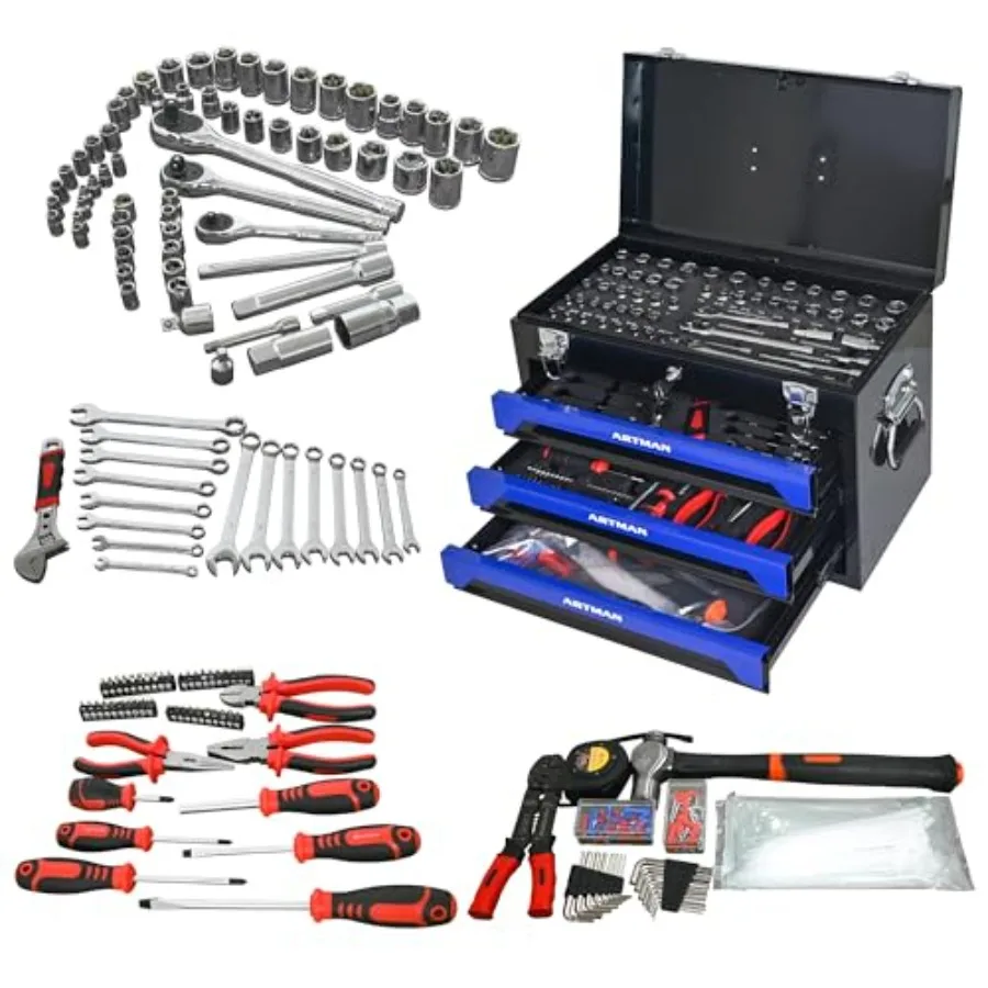 

20 Portable Tool Box with Key Lock 439 Piece Mechanics Tool Set 3 Drawers Top Storage Tray Blue Metal Latch and Carrying Handle