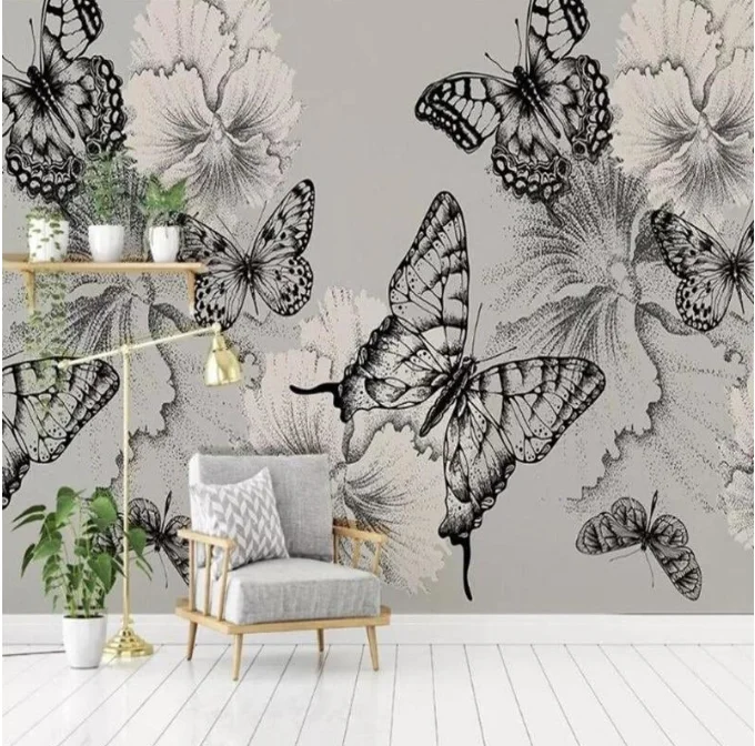 

Customized mural Nordic fresh hand-painted butterfly flower TV bedroom background wall decoration wallpaper