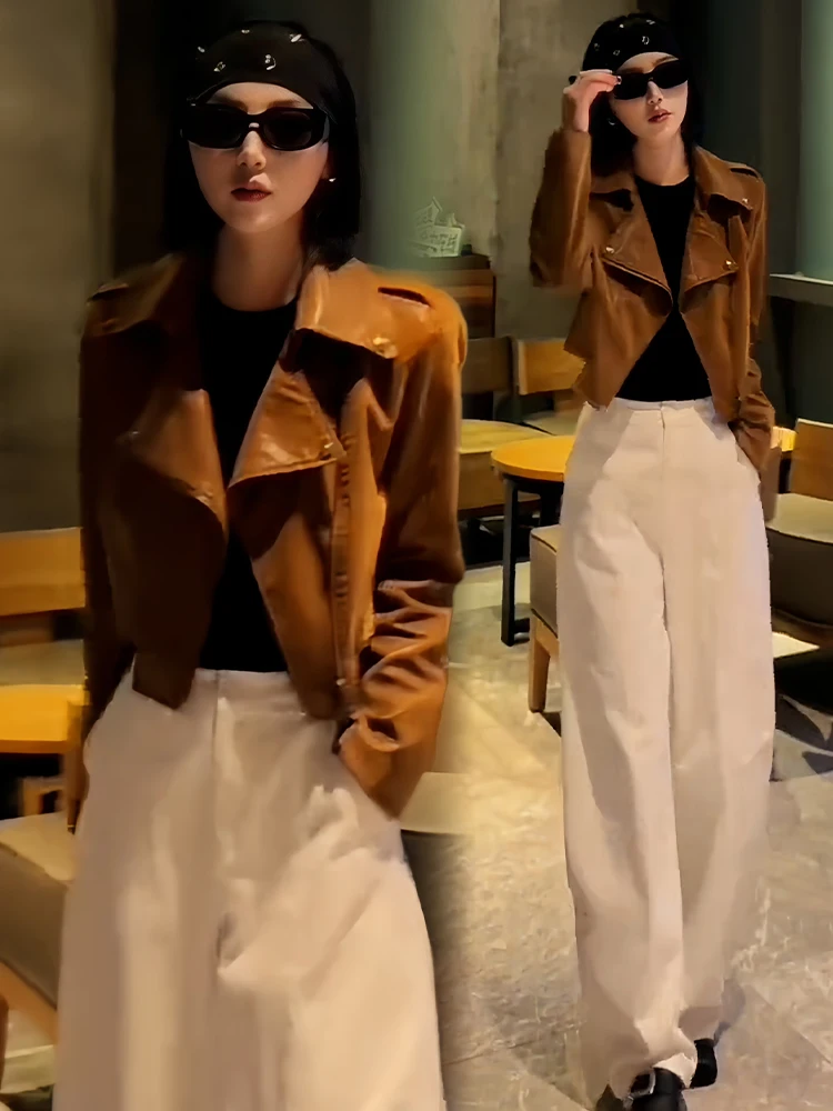 Jaqueta de Couro Feminina Elegante e Versátil, Estilo Francês, Caimento Solto, Nova Chegada de Outono, Top Feminino