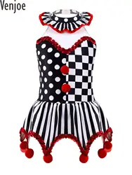 Kids Girls Circus Clown Cosplay Costume Joker Clothes Costume Tutu Dress Sleeveless Stripes Leotard Dress Carnival Fancy Party
