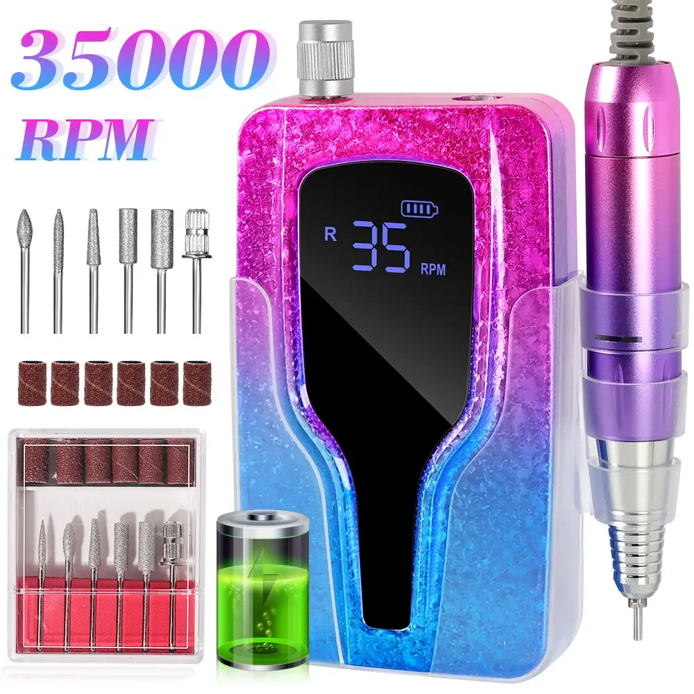 Professional Electric Nail Drill, 45000 RPM Cordless Rechargeable E-File Machine, With 12 Bits, Sanding Bands, LCD Display