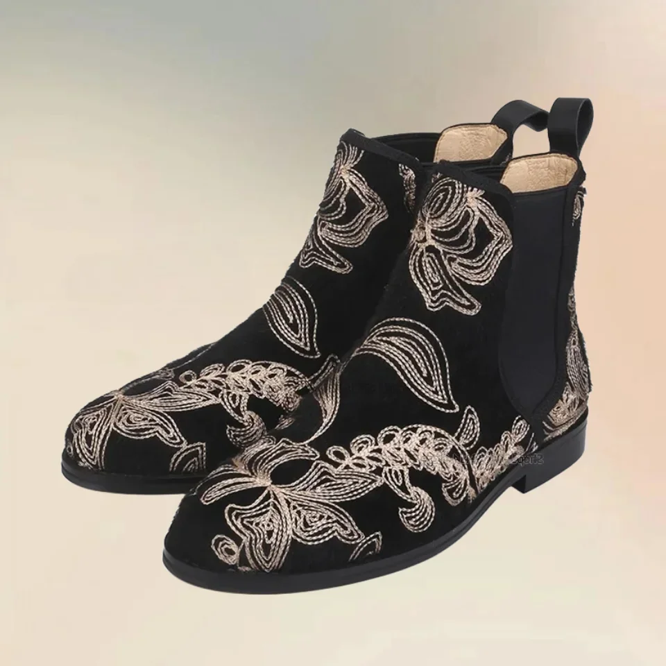 

Floral Embroidery Design Chelsea Boots Fashion Slip On Men Shoes Novel Comfortable Handmade Classic Style Party Men Casual Shoes