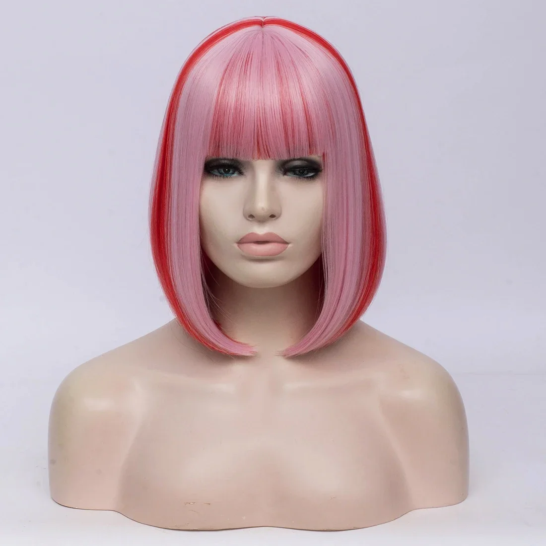 

Two Tones Bobo Cosplay Wigs Women Pink Red Mixed Straight Wig With Bangs Short Synthetic Hair