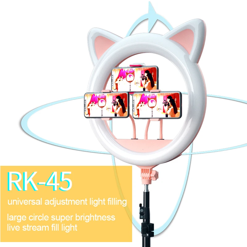 20 Inch LED Selfie Ring Light Cat Ear Dimmable 10 Level Photography Lighting for Makeup Video Youtube Studio Light Pink