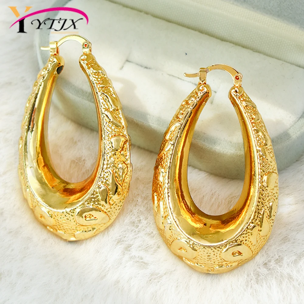 YTJX African Chunky Teardrop Hoop Earrings 18K Gold Plated Embossed Coin Textured Oval Huggie Earrings Statement Women Jewelry