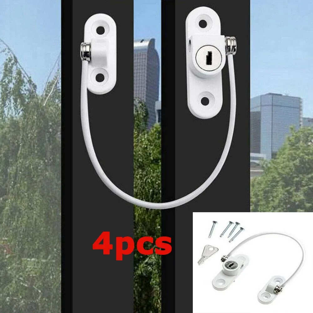 4pcs  Window Safety Lock Child Safety Cable Lock Window Cable Restrictor Lock White Color Cabinet Refrigerator Door Lock