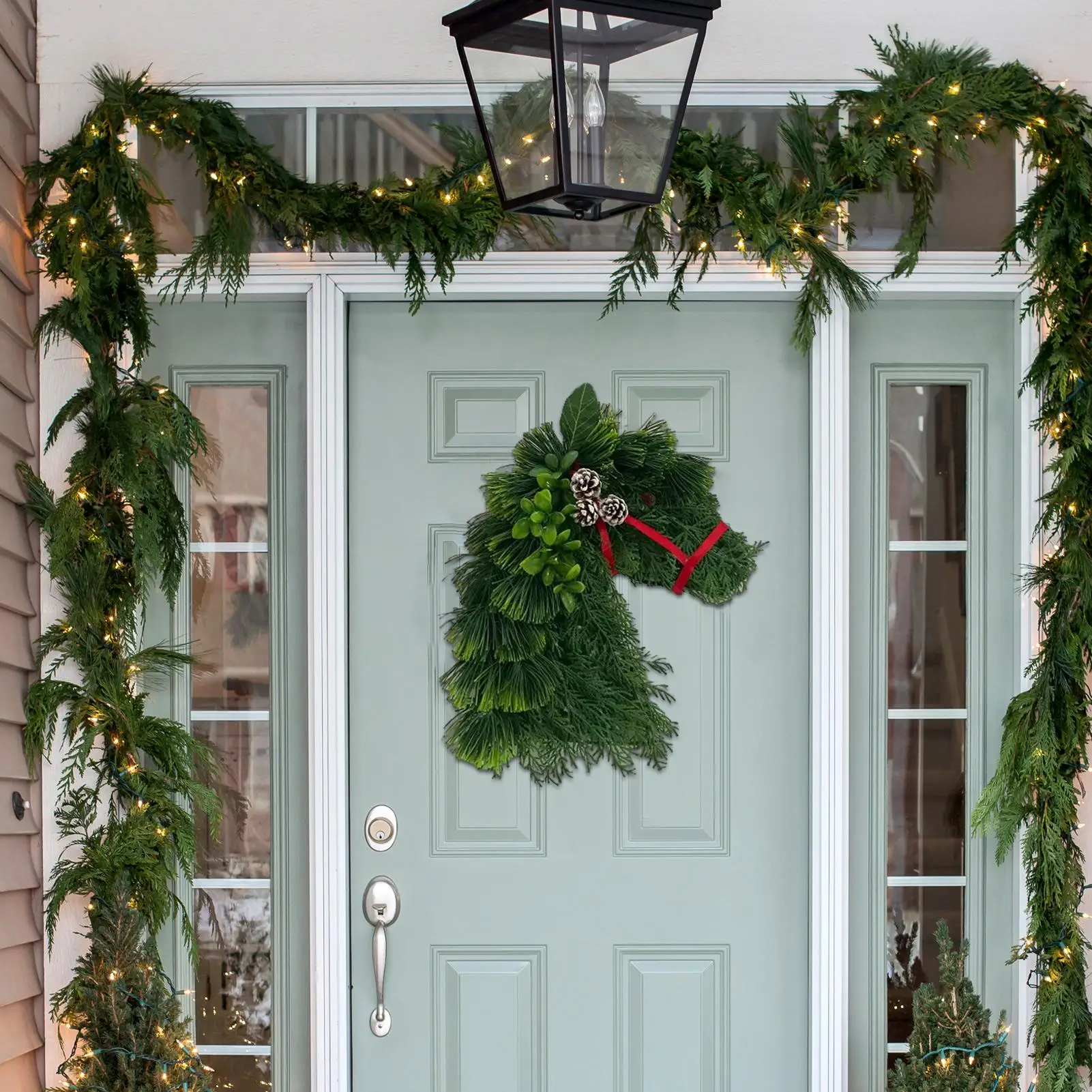 Pferdekopf-Kranz, realistische Feiertagsgirlande, künstlicher Weihnachts-Pferdekopf-Kranz für Mantel, Küche, Fenster, Schlafzimmer, Wohnzimmer