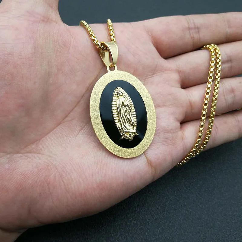 

Religious Virgin Mary Pendant 316l Stainless Steel Men Christian Jewelry Our Lady Of Guadalupe Miraculous Oval Medal Necklace