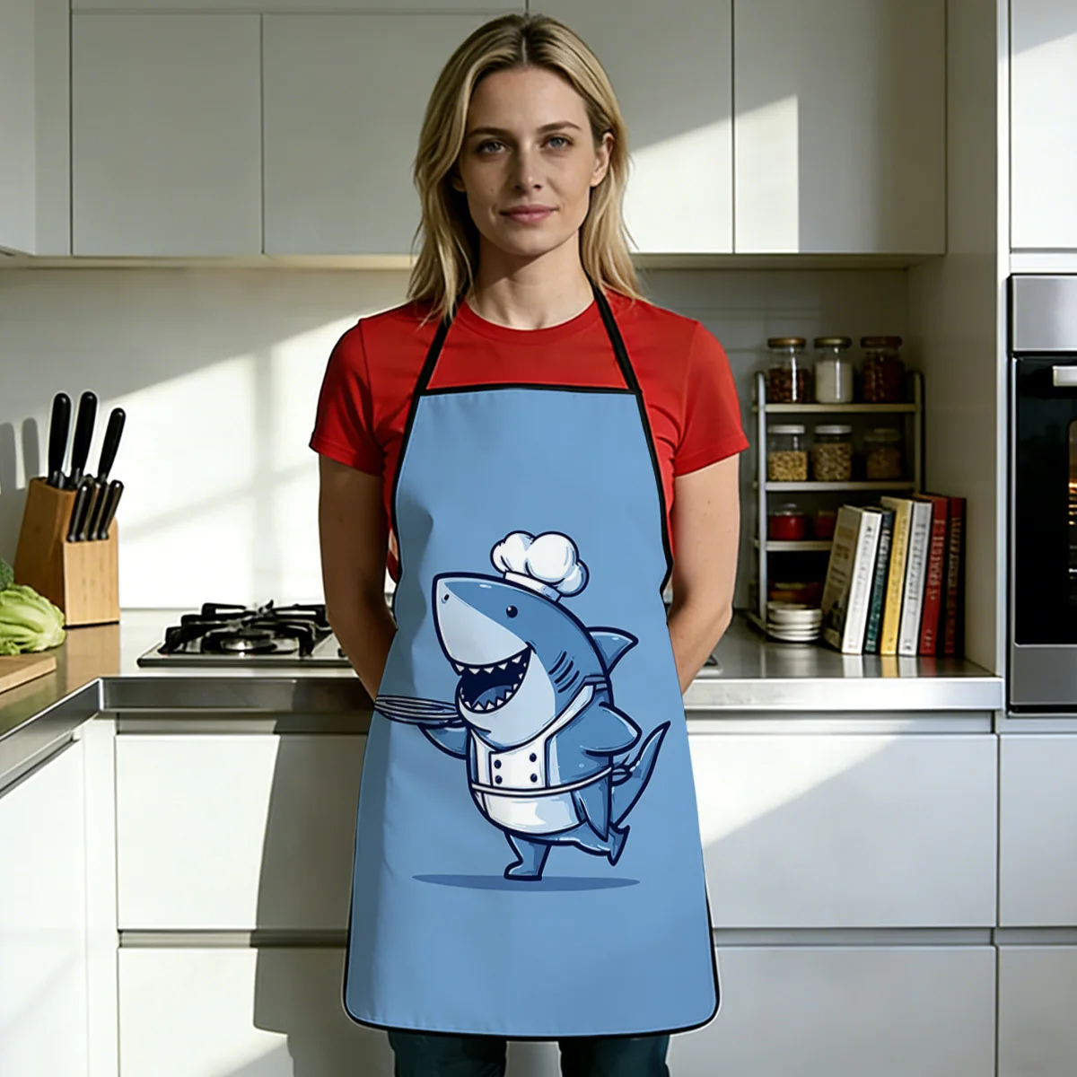 1pc 2D Flat 2703 Shark Chef Serving Plate Printed Pattern Apron Durable And Easy To Clean Adjustable Waistband Available In Tw