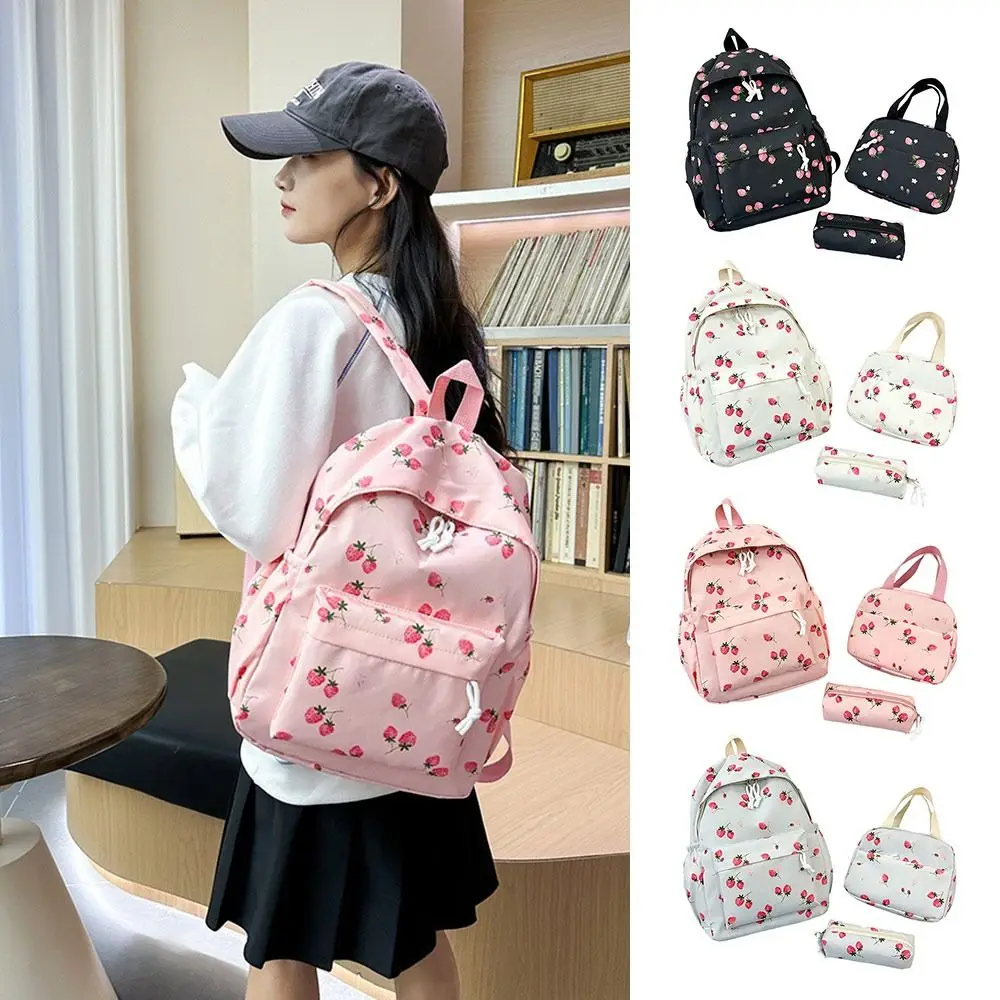 Oxford Cloth Strawberry Backpack Large Capacity Adjustable Laptop Backpack with Lunch Bag & Pencil Case Preppy Style School Bag