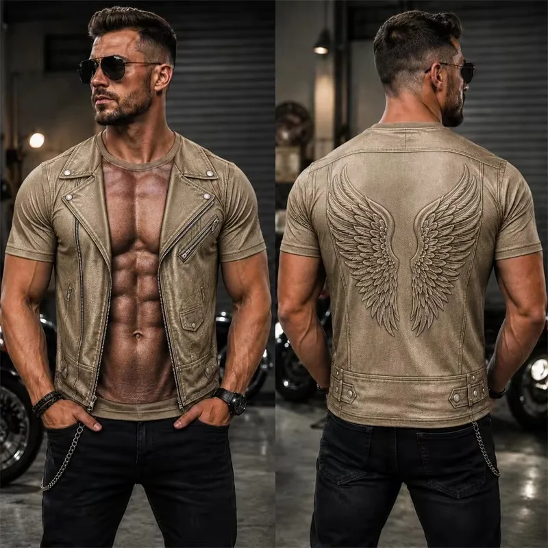 Men Cothing Creative 3D Fake Abdomen Print T‑Shirt Wing Muscle Pattern Short Sleeve Tees Punk Biker Streetwear Casual Tops ropa