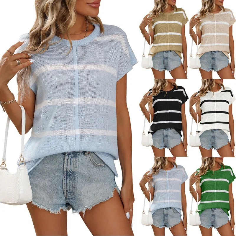 

Casual Striped Sweater for Women, Round Neck Top, Thick Needle, New, Summer,