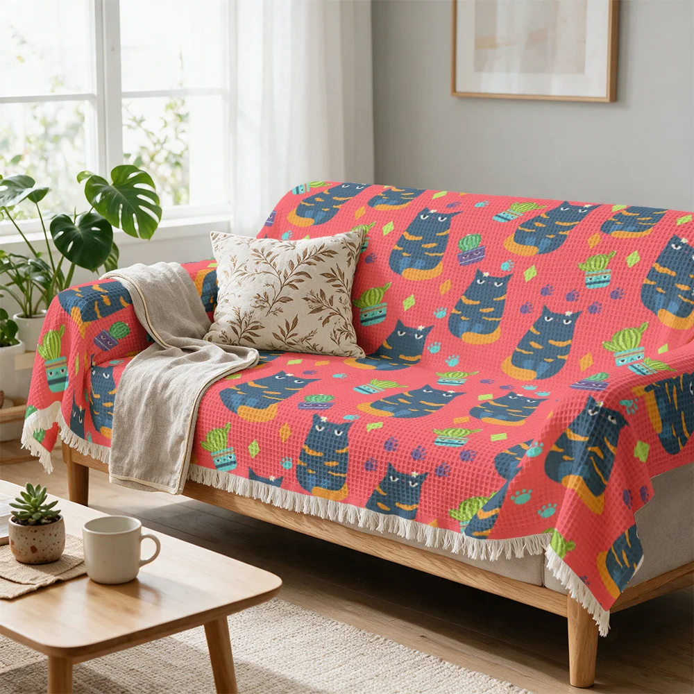 Cute Cat Pattern Sofa Throw Blanket Cover for Couch Decorative Throw Fabric Living Room Boho Cozy Nap Quilt Soft Home Decor Gift