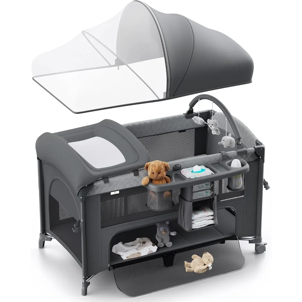 

Детская люлька 4 в 1, упаковка и игровая, прикроватная кроватка, устройство для смены подгузников — поставляется с матрасом, москитной сеткой, нижним хранилищем и