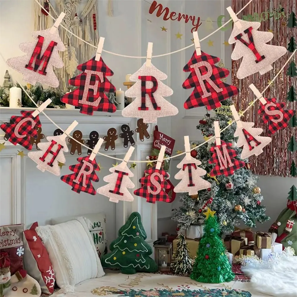 

Removable Merry Christmas Pull Flags Christmas Tree Shape Wood/Hemp Rope Christmas Banners Hanging Decorative