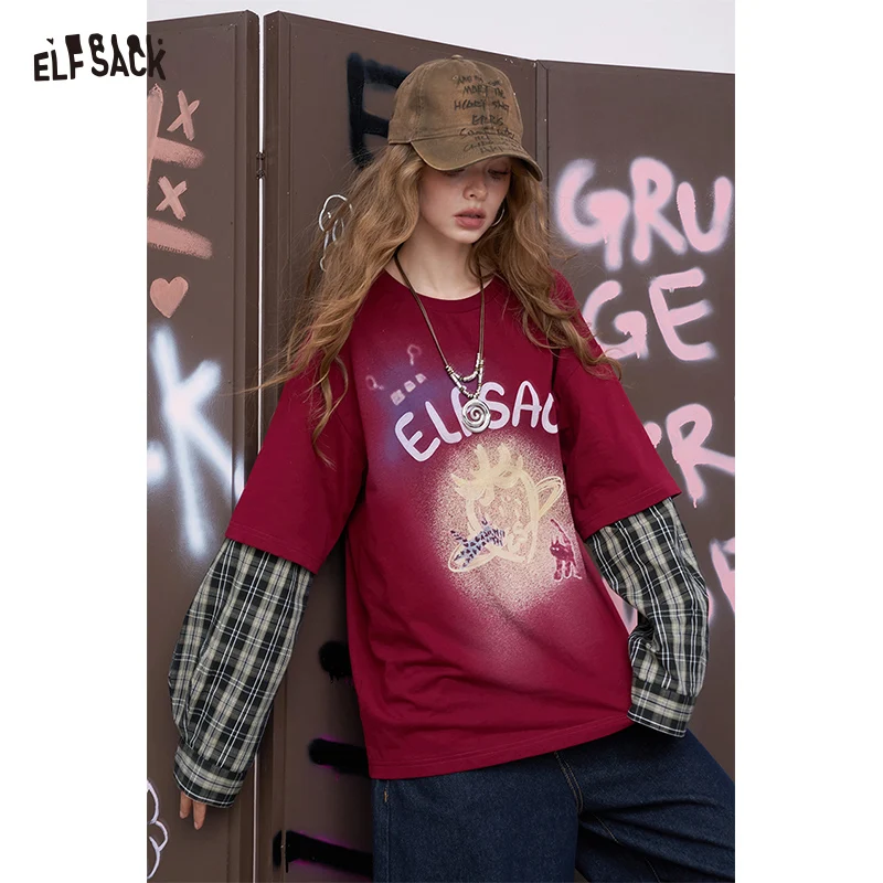 

ELFSACK 2025 Autumn New Arrival Casual Sweet Cool Glow Strawberry Print Plaid Long Sleeve Fake Two Piece Tee for woman