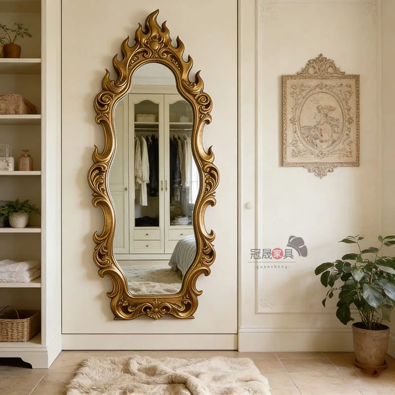 Carved border living room full-length mirror French classical art special-shaped floor mirror