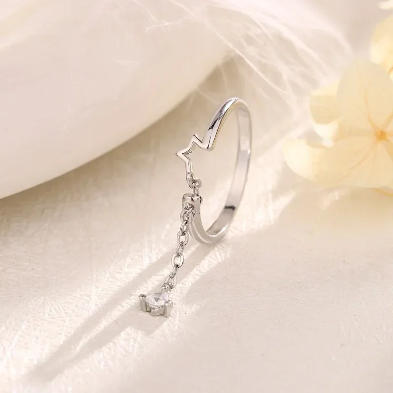 

Real 925 Sterling Silver Triangle Zircon Tassels Star Ring for Women Cute Fine Jewelry Minimalist Personality Accessories