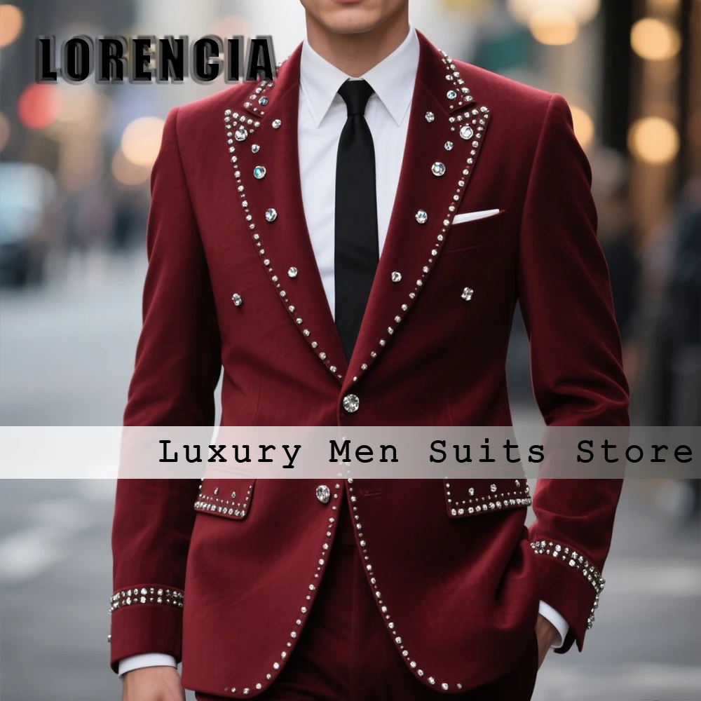 Leisure Diamond Male Suits 2 Pieces Sparking Tuxedos Evening Banquet Party Outfits Customized Blazer Pants roupas masculinas