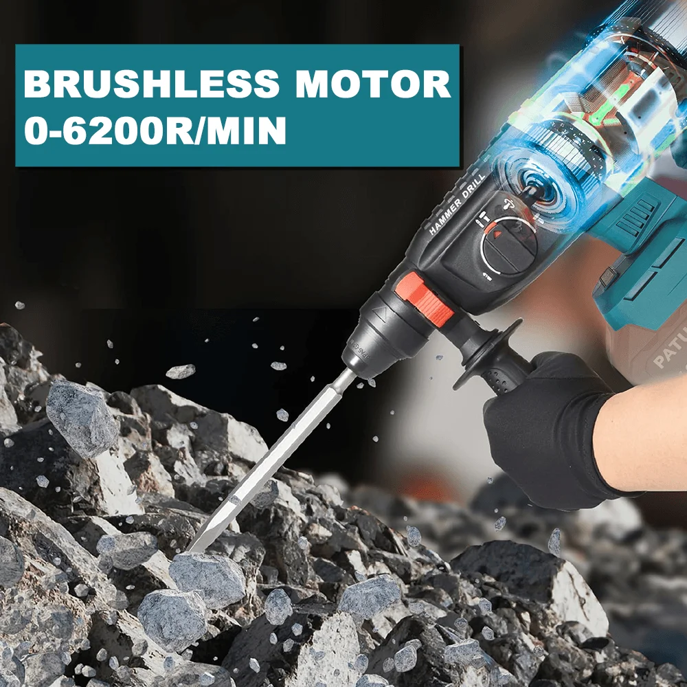 PATUOPRO 26MM Brushless Rotary Hammer Rechargeable Electric Hammer Drill Handheld Power Tools For Makita 18V Battery