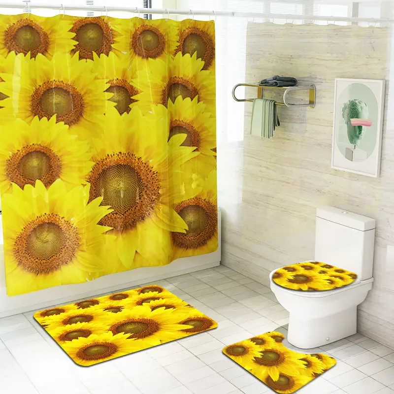 Full Screen of Sunflowers Pattern Shower Curtains Set Non Slip Toilet Polyester Cover Mat Set Waterproof Bathroom Shower Curtain