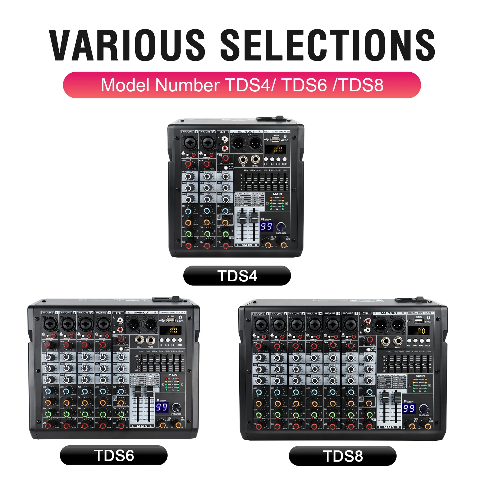 Gooermi TDS 4/6/8 Channel Audio Mixer USB Bluetooth Sound Console 48V Phantom Power DSP 99 Effects for Live Streaming Recording