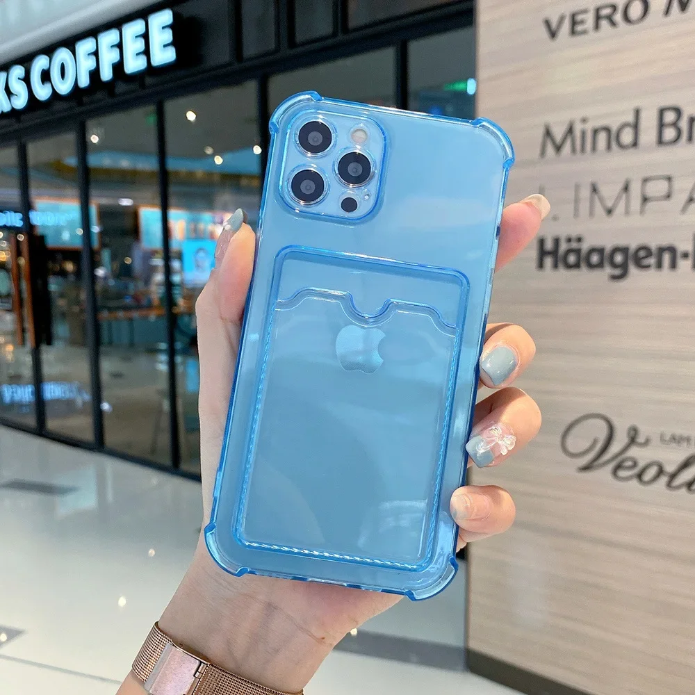 Durable Card Slot Transparent Phone Case For iPhone 12 11 13 Pro XR XS Max 6 7 8 Plus mini Wallet Soft Shockproof Back Cover