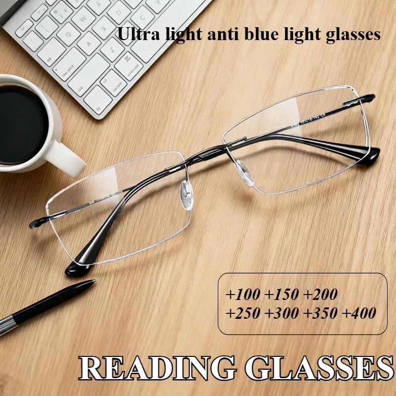 Modische, ultraleichte Lesebrille für Herren, rahmenlose Blaulichtbrille mit geschnittenem Rand, klassische hochauflösende Anti-Ermüdungsbrille