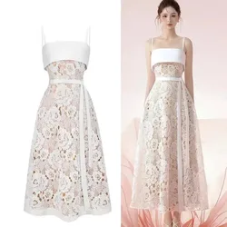 Women 2024 New Fashion White Strapless Summer Dress Ladies Embroidery Flower Elegant Lace Long Dresses Party Elbise