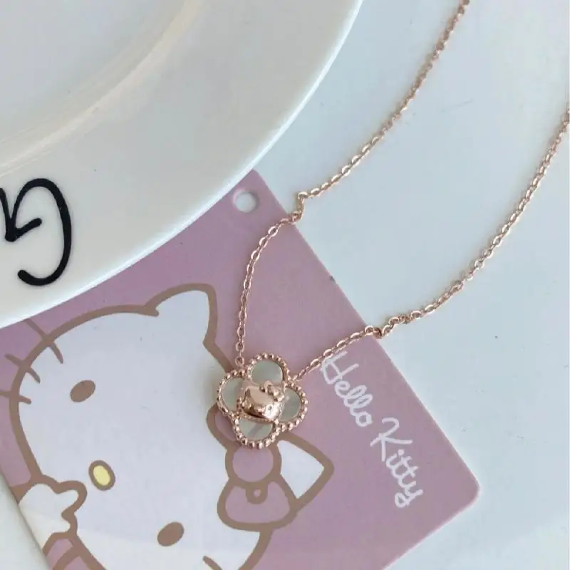 New Kawaii Cute Hellokitty Necklace Lucky Four Leaf White Shell Necklace Vintage Dewdrop Edge Craft Ins Gifts Girlfriend Gifts