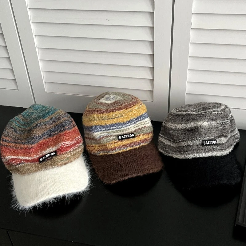 Japanische, farblich abgesetzte, gestreifte, gestrickte Plüsch-Baseballkappe für Herbst und Winter, warm, vielseitig, personalisierbar, für Damen und Herren – Detail 5
