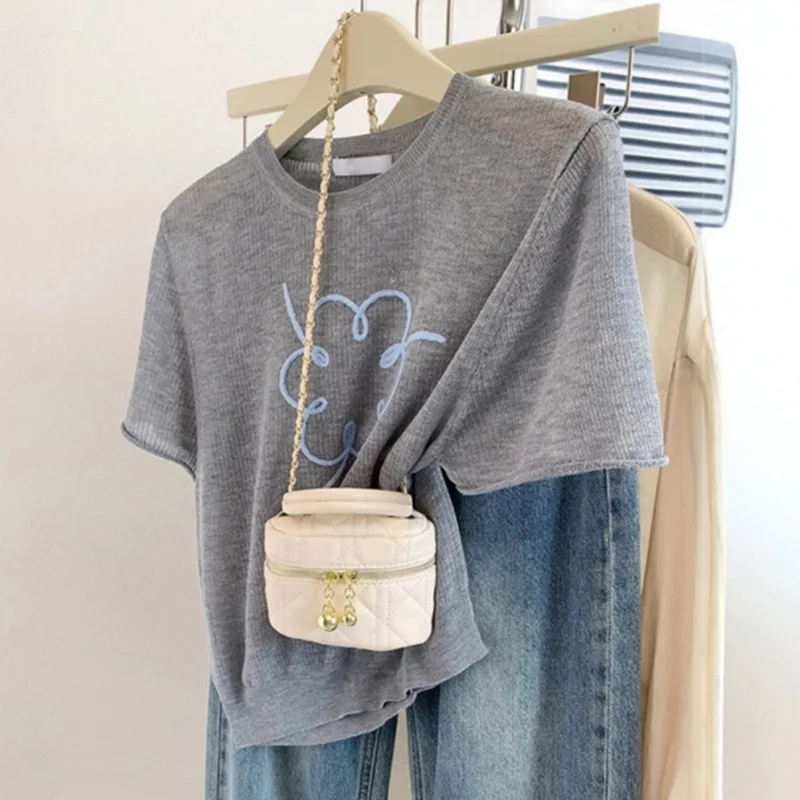 Women's Clothing Floral Design Grey Nice T-Shirt Summer Unique Short Sleeve Cool Silk Tee Lady Pullover O-neck Casual Loose Tops