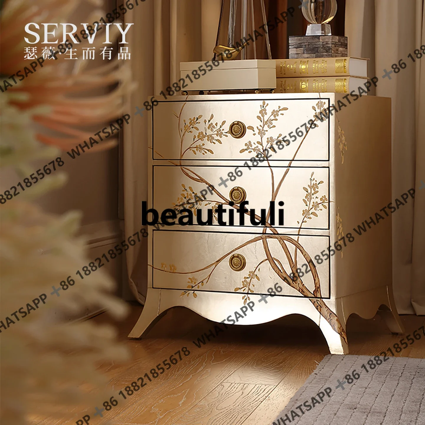 フランスのライトラグジュアリー無垢材彫刻フラワーベッドサイドテーブルヨーロッパの手描きマスターベッドルームベッドサイドテーブル付きSE1