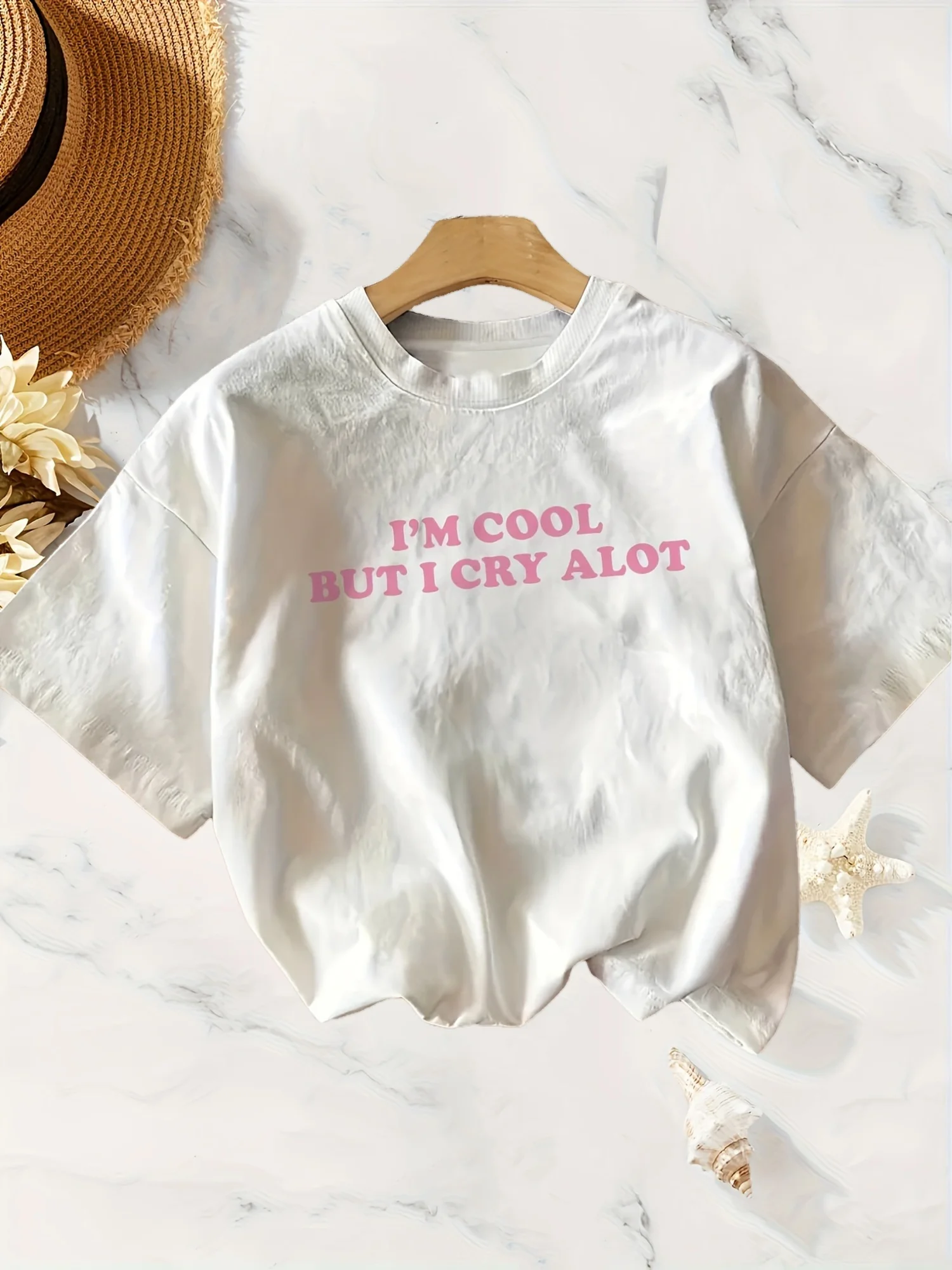 Pink letters IM COOL BUT I CRY LOT playful pattern T-shirt short sleeved soft breathable fabric round neck casual top