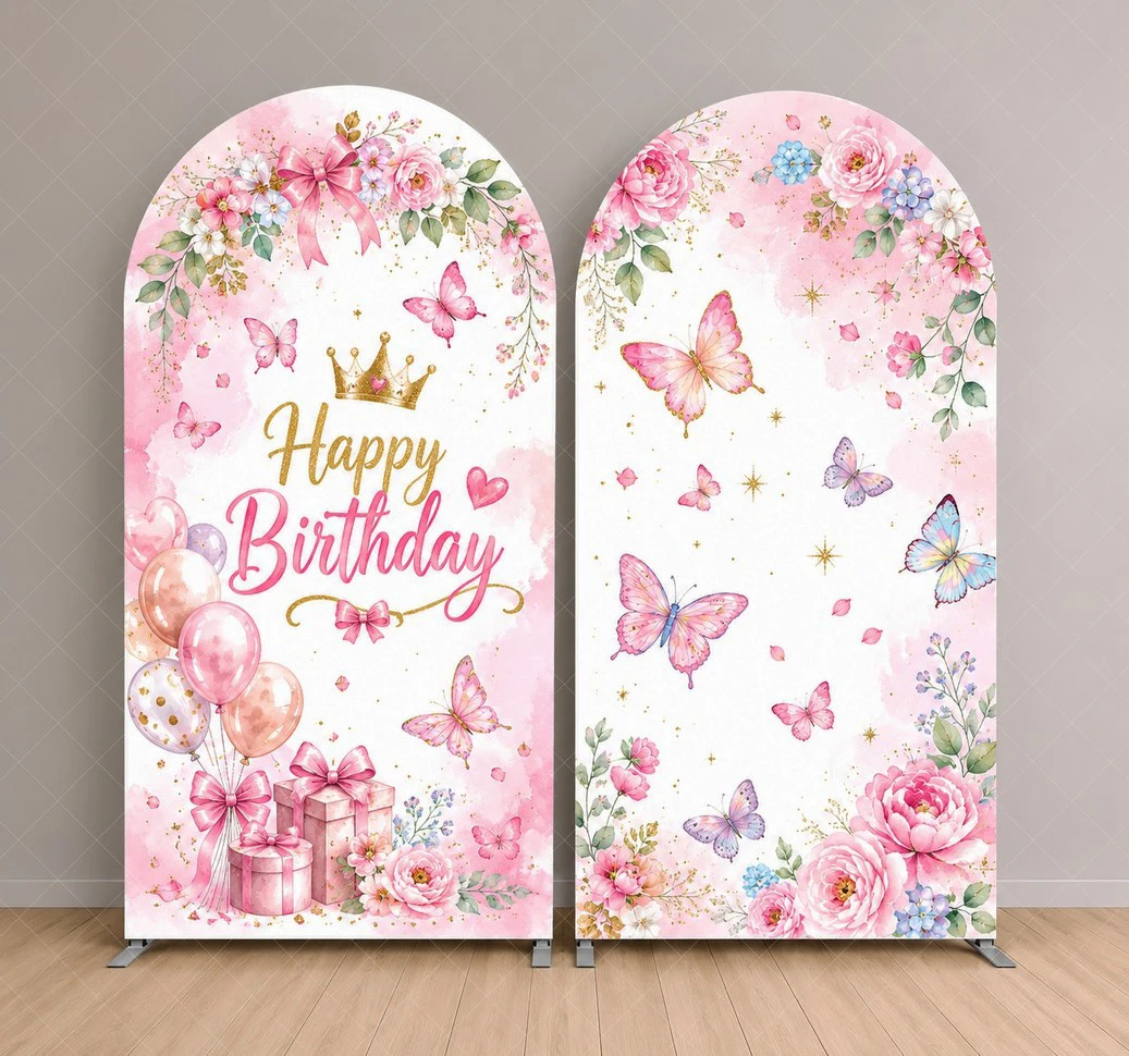 

Pink Butterfly Birthday Arch Backdrop Cover Floral Princess Birthday Party background Girls Birthday Arch Decoration