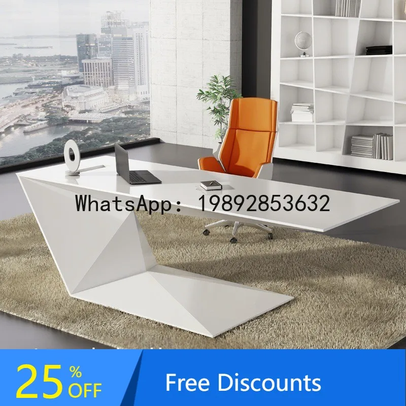 

Z2 White Lacquer Office Desk Rectangular High-End Fashion Executive Desk Solid Wood Simple Style Office Desk