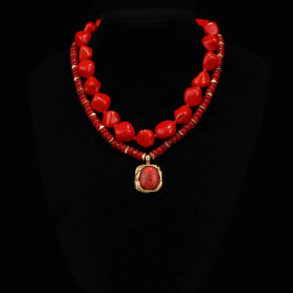 

Bohemia Fashion Red Synthetic stone Pendant Necklace For Women Beads chain 2024 Charm Jewelry Beach Gift