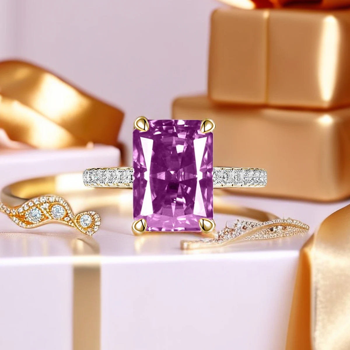 

S925 Sterling Silver Fine Quality 3.5carat PURPLISH PINK Zircon Sparkle 5A Good quality Ice Cut Ladies ring