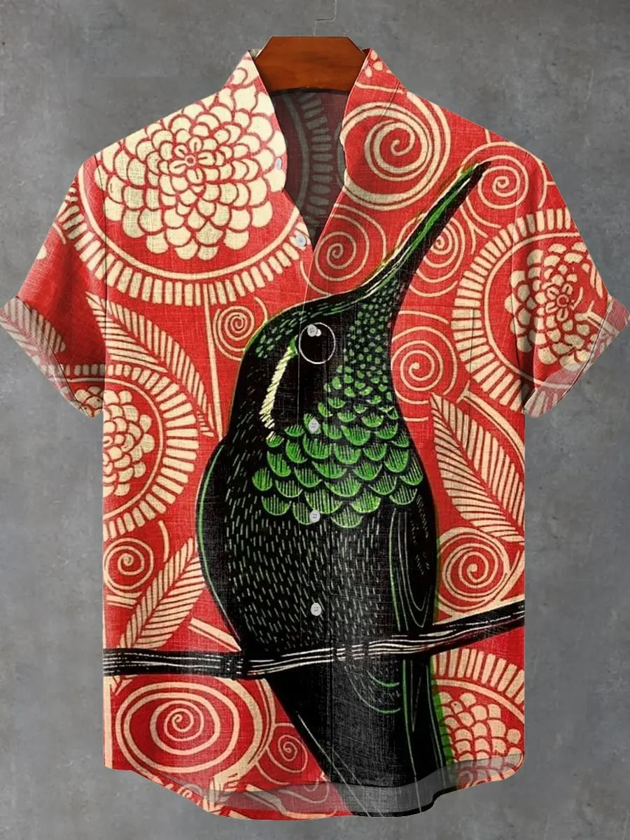 

Fashionable 3D printed bird animal pattern men's casual linen stand collar front pocket comfortable plus size short sleeved shir