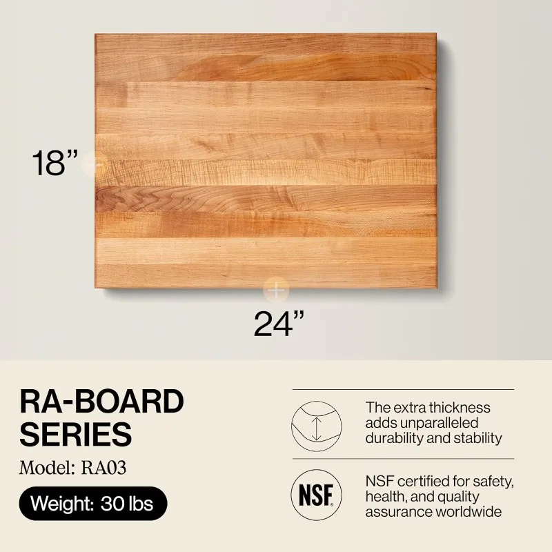 لوح تقطيع خشب القيقب مستطيل من سلسلة RA-Board مقاس 24 بوصة × 18 بوصة - سميك 2.25 بوصة، كتلة جزار قابلة للعكس بوزن 30- رطل مع حافة