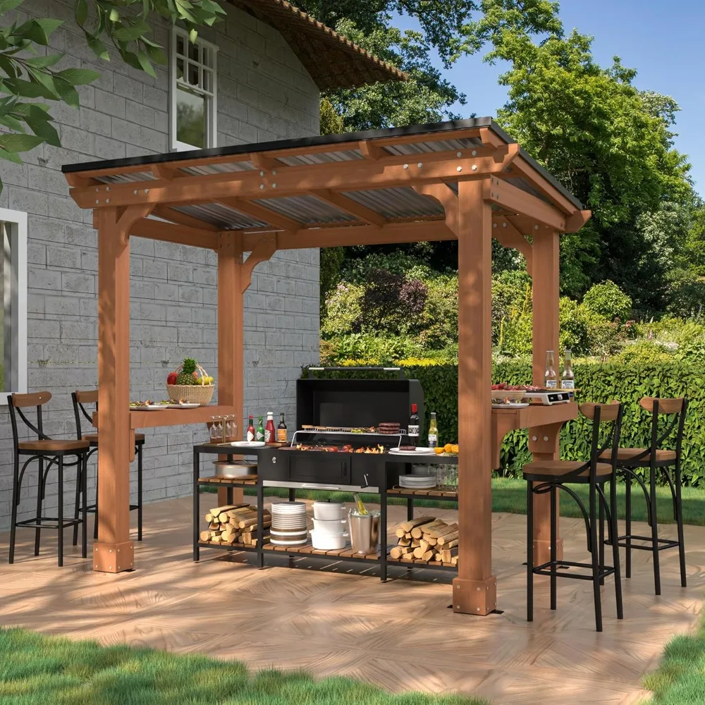 

8’x5’ Grill Gazebo, Patio Gazebo with Hardtop Metal Roof, Rainwater Drainage, Wood Frame, BBQ Gazebos for Barbecue, Backyard