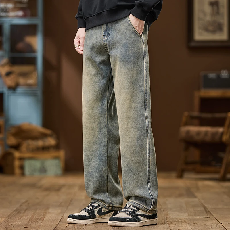 

Осенне-зимние новые мужские ностальгические синие джинсы в стиле ретро, уличные свободные прямые удобные хлопковые джинсовые брюки с большим карманом