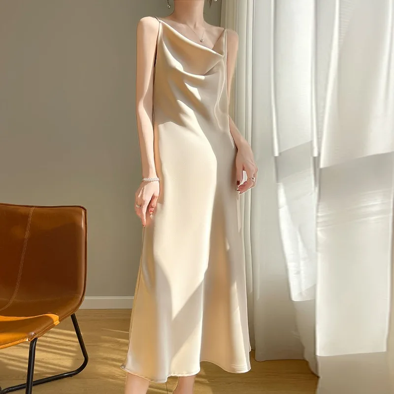 Ele Langer Acetat-Satin-V-Ne-Sexy-Träger-Dr-Anzug, Innenbekleidung, lässiger Pendler, lockere Taille, A-Linien-Rock, Dr