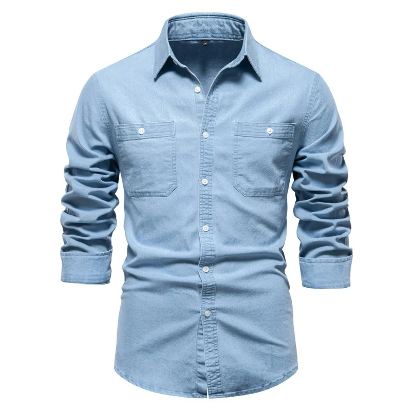 

Men Denim Shirts Solid Basis Long Sleeve Shirt Turn Down Collar Single Breasted Blouses Button Spliced Solid Cardigan Male