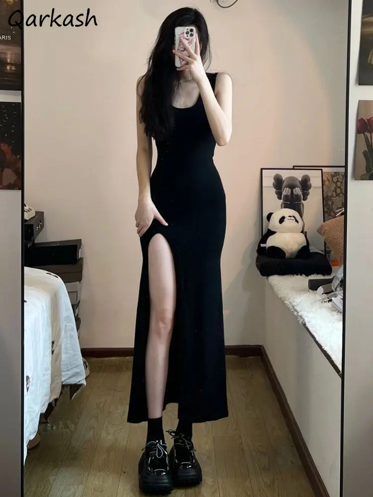 Black Sleeveless Dress Women Side Slit Irregular Mid Calf Sexy Sheath Solid Minimalist Summer Elegant Korean Fashion Style Chic