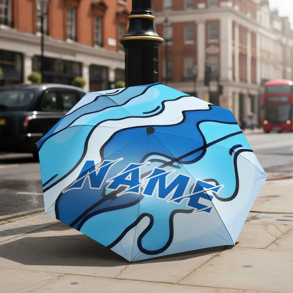 Custom Name umbrella, Blue Abstract Waves Design Umbrella With Bold Text Fashion Folding Umbrella for Sunny and Rainy Days