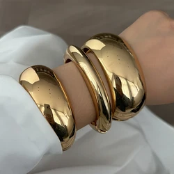 KunJoe Exaggerated Gold Color Geometric Wide Springs Bangles for Women Fashion Design Heavy Metal Thick Open Bracelet on Hand